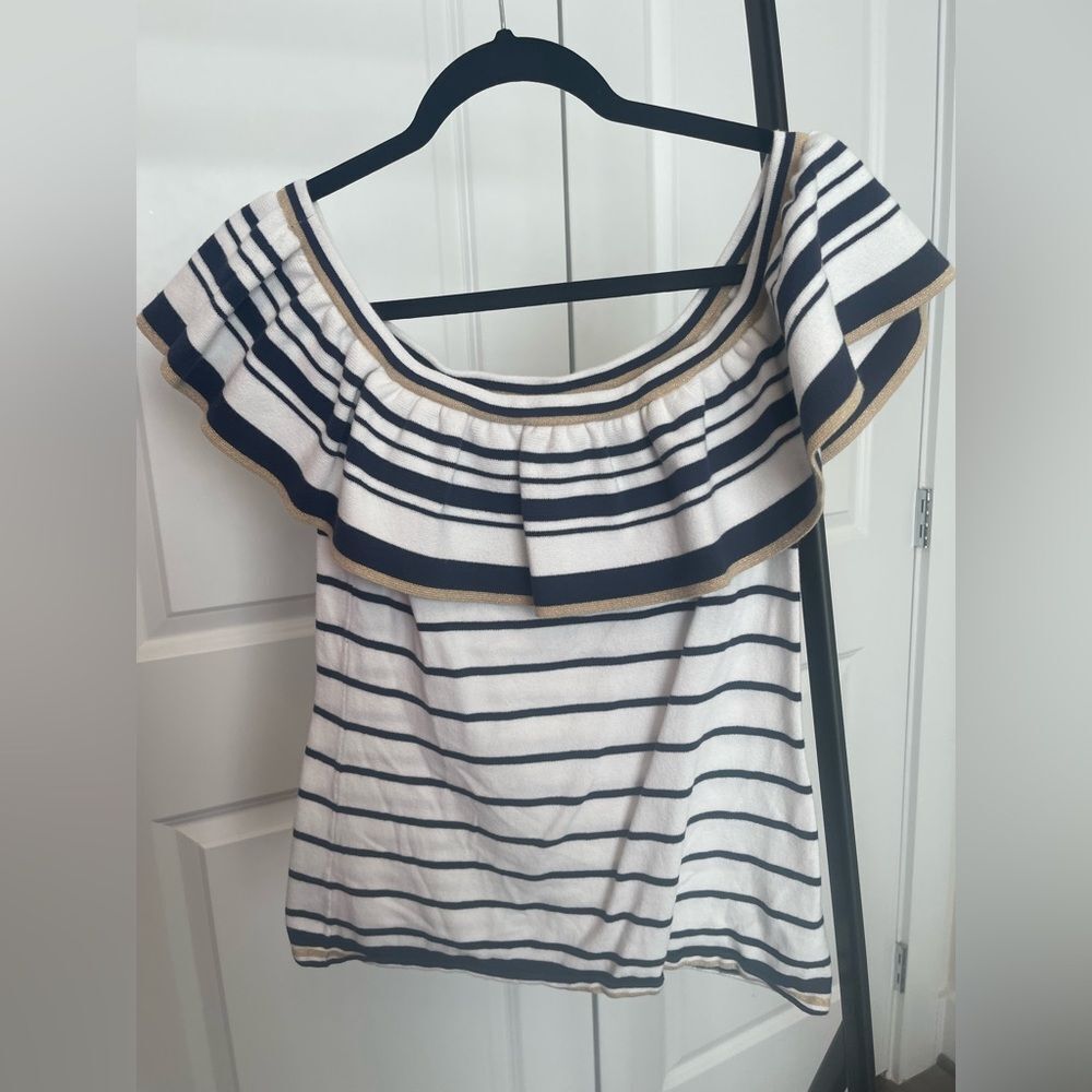 Lilly Pulitzer White, Navy and Gold Striped Sweater Top - Medium
